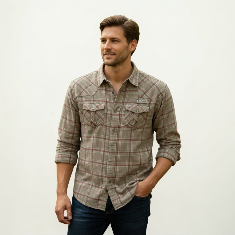 Columbia PFG Western Plaid Shirt XL Tall Brown Green Fishing Outdoor Button Down